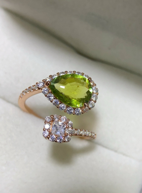 银镀18K金镶嵌天然绿碧玺戒指经典戴妃款彩宝女戒手饰7*10mm