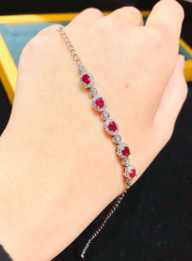 红宝石手链经典简约款全净体品质爆闪火彩主石3*4mm925银精工镶嵌