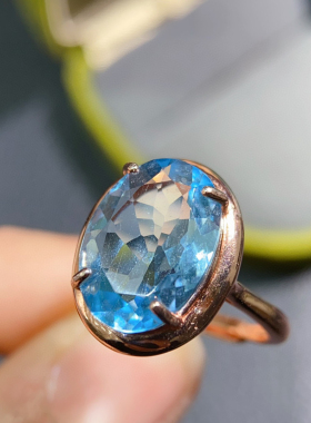 纯天然蓝托帕石戒指全净体品质火彩超赞10*14mm925银镶嵌