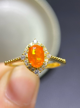 天然火欧泊戒指高净度火彩爆闪精品s925纯银精工镶嵌