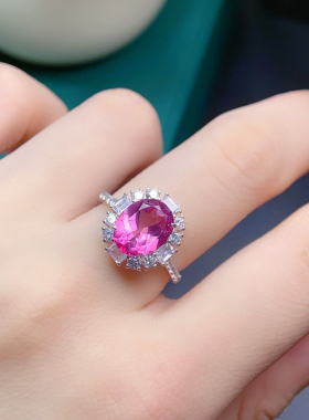 天然粉托帕戒指 精品粉托帕晶体全净8*10mm指圈活口925银镀玫瑰金