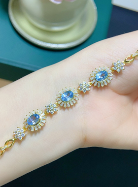 纯天然蓝蓝托帕石手链全净体品质5*7mm925银精工镶嵌