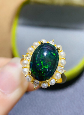 18K黄金色天然澳洲欧泊戒指天然宝石珠宝设计inss925纯银不掉色