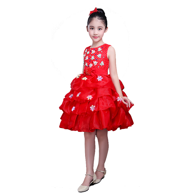新款儿童红色无袖连衣裙主持合唱服舞台表演服蓬蓬裙幼儿园学生演