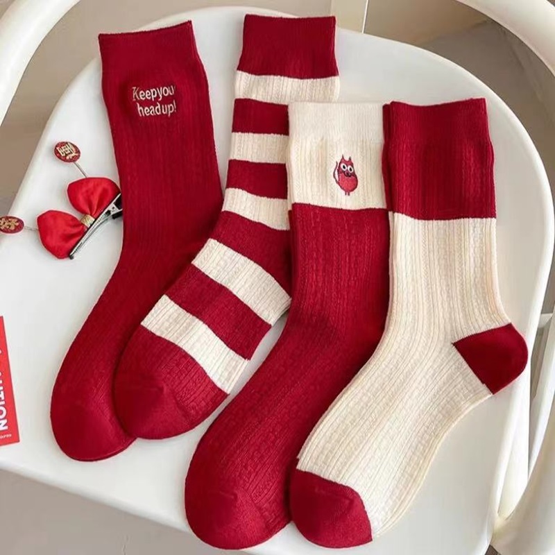 两双装 红红火火过大年！龙年本命年红袜子保暖个性简约中筒袜