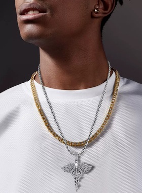 双生蛇天使之翼吊坠蛇年生肖权杖项链男款嘻哈潮流毛衣链