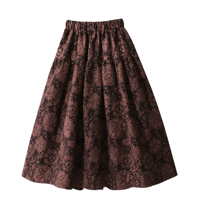 Autumn and winter Korean style retro solid color three-dimensional flower embroidered skirt elastic high waist slim puff skirt mid-length skirt