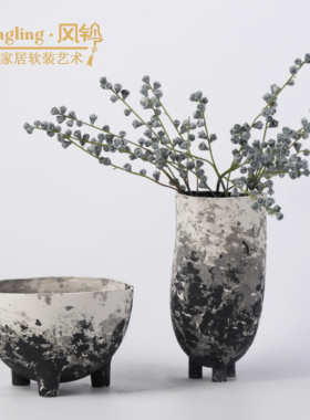侘寂风禅意大口花瓶摆件自然风格复古磨砂素烧民宿茶几陶碗