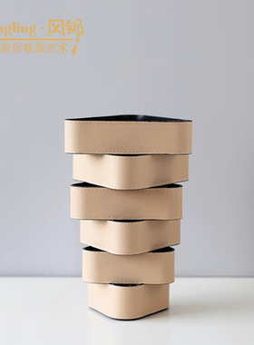 轻奢金属皮革花瓶样板房现代客厅酒店花器层叠交错软装摆件