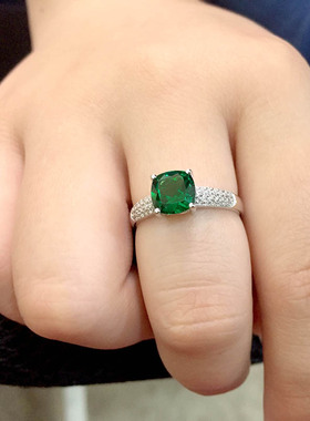 祖母绿彩宝戒指925纯银镶嵌方形彩色宝石珠宝指环镀18K金女手饰品