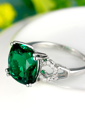 祖母绿戒指925纯银镀18K金绿碧玺色方形贵重彩色宝石彩宝指环女款