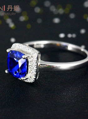 925纯银方形坦桑色蓝宝石戒指