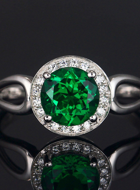 彩宝祖母绿925纯银戒指克拉镀18K金镶钻银饰品绿碧玺色指环女