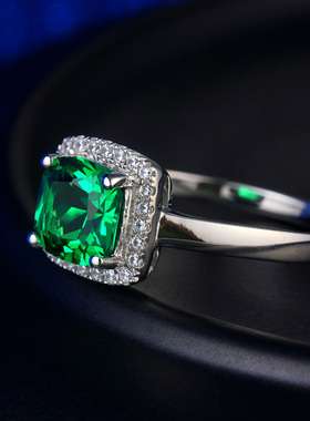 祖母绿宝石925纯银方形女款戒指