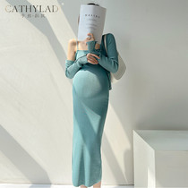 CATHYLAADI Pregnancy Women Dress Brand Suit Spring Autumn Short style Shirt Temperament Ice Silk Harnesses one-piece dress Two sets