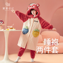 Girl Sleepwear Winter Coral Suede Suit Big Boy Girl Male Main Wind Plus Suede Thickened Childrens Flannel Household Clothes