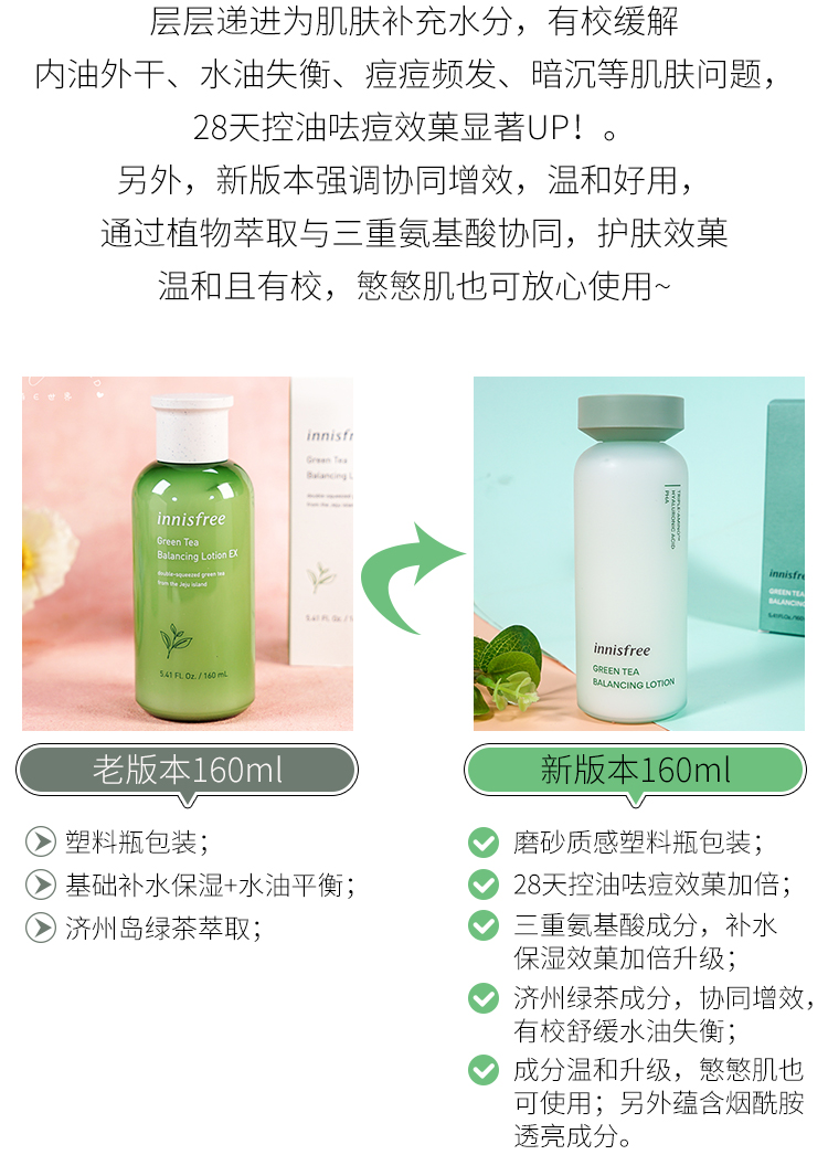 Innisfree悦诗风吟绿茶补水保湿乳液 160ML平衡保湿男女款控油