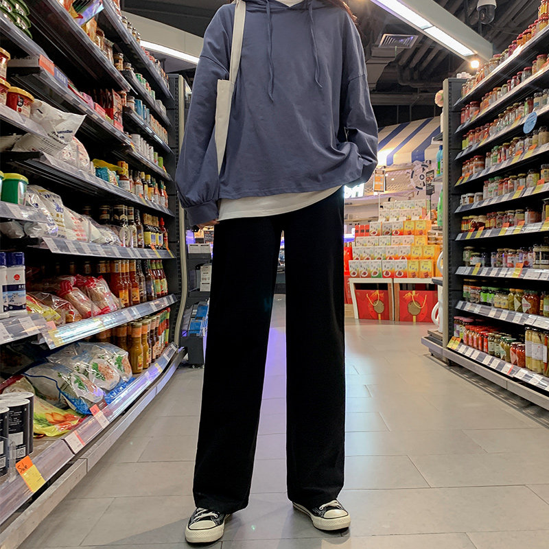 黑色加绒阔腿裤高腰秋冬垂感运动裤 星剧社休闲裤