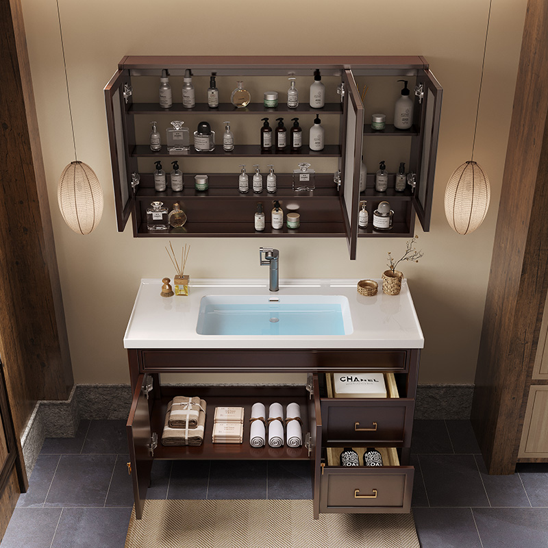 橡木简约现代智能浴室柜镜柜组合烤漆实木新中式卫生间洗漱台陶瓷 - 图0