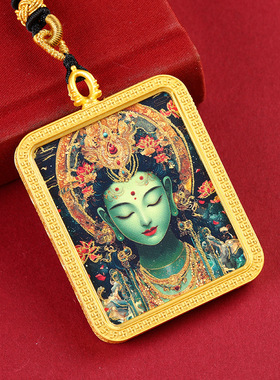 藏式半手绘描金唐卡绿度