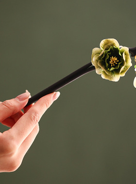 古风手工绒花黑檀木发簪