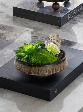 新中式餐桌中间摆花仿真植物盆景书房茶室禅意软装样板间茶几摆件