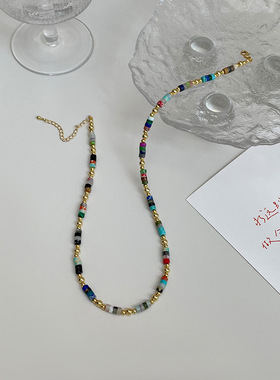 复古波西米亚彩色天然石串珠项链时尚高级感简约百搭小众轻奢颈链