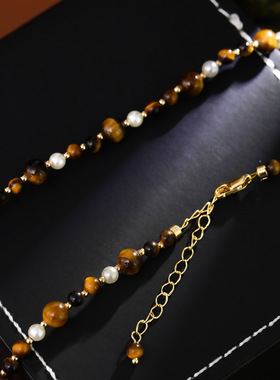 美拉德天然虎眼石珍珠项链早秋新中式国潮气质毛衣链复古串珠配饰