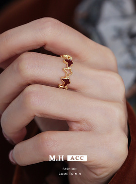 秋冬复古红色滴油蝴蝶戒指女款小众高级感精致指环轻奢百搭食指戒