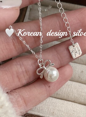韩国设计2025新款银饰品 S925纯银蝴蝶结贝珠镂空小巧项链女精致