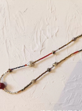 轻奢小众天然原矿朱砂爱心隔珠碎银子项链2024年新款复古串珠锁骨