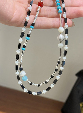 欧美时尚精致百搭黑白相间贝母天然石串珠项链轻奢小众百搭锁骨链