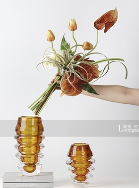 轻奢艺术螺纹黄色水养玻璃花瓶花艺客厅玄关餐桌插花家居陈设摆件