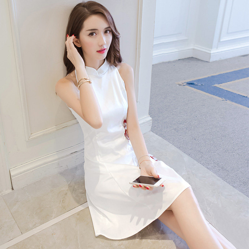 法式旗袍改良版白色2020年女连衣裙 百诗哲连衣裙