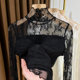 High collar plus velvet lace bottoming shirt for women 2024 new fungus edge high-end layering wear with mesh warm shirt