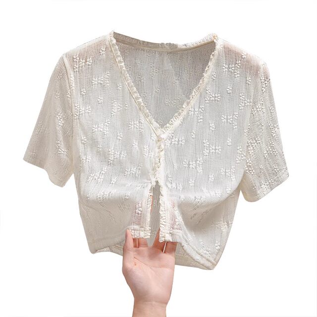 Lace Top 2025 Summer ແບບໃຫມ່ຂອງແມ່ຍິງ Outerwear ແບບງ່າຍດາຍຂອງແຂນສັ້ນຫນຶ່ງປຸ່ມ Hook Flower Temperament Jacket