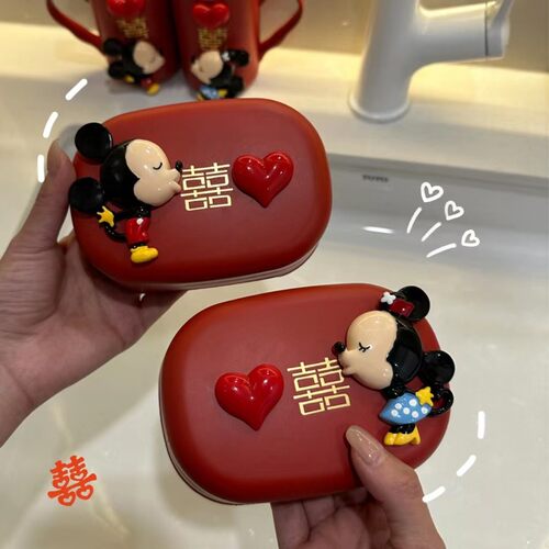 结婚牙刷牙膏刷牙杯子一对套装软毛红色米奇新婚陪嫁喜漱口杯嫁妆 - 图2