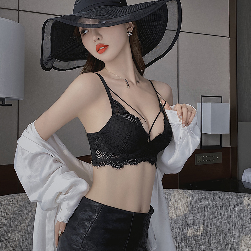 透色内衣旗舰店内衣女薄款小胸聚拢不空杯美胸性感蕾丝上托防下垂黑色文胸罩套装3