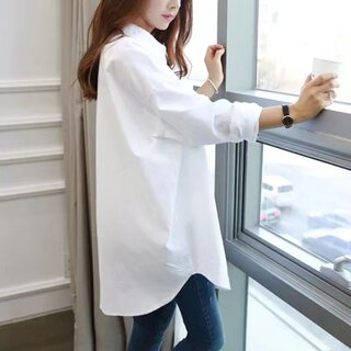 New white mid-length plus size design spring and autumn thin belly-covering casual western style shirt