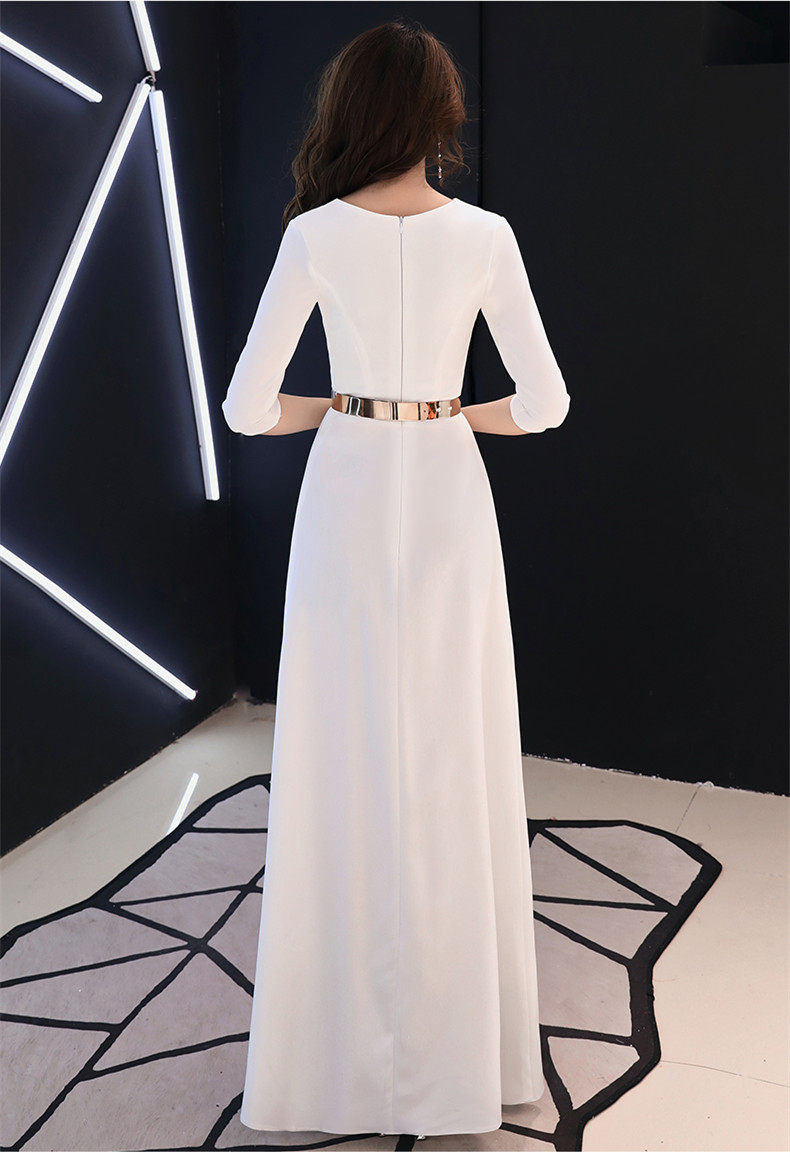 白色晚礼服2024新款女长裙长袖演出服姐妹裙聚会修身主持礼仪年会