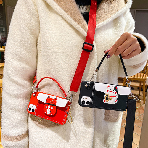 招财猫零钱包适用小米civi手机壳k40/k30pro斜挎红米9A背带挂绳新款k20新年红色k70/k60防摔小米14/13软civi3 - 图0