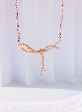 韩版时尚丝带蝴蝶结纯银项链女小众设计高级感百搭气质方糖锁骨链