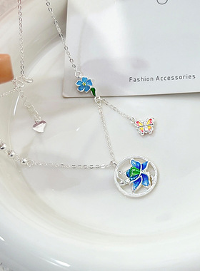 原创个性国潮花朵蝴蝶项链女999纯银小清新森系古风蝶恋花锁骨链