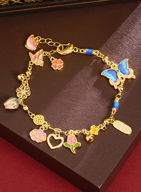 复古中式镀金玫瑰蝴蝶四叶手链