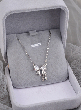 925纯银项链女小众星芒镶钻蝴蝶结吊坠生日送女友锁骨链轻奢刻字