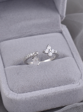 925纯银四叶草戒指开口闪钻水滴吊坠食指戒轻奢气质高级气质刻字