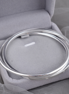 925纯银手镯女四叶草双环镯子光面闭口年轻款甜美ins高级轻奢刻字