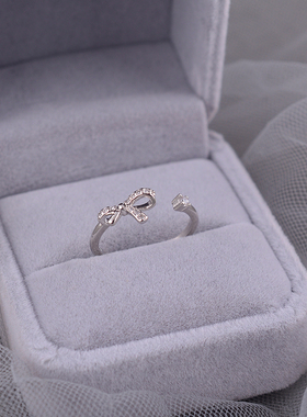 925纯银蝴蝶结闪钻戒指女小众设计素圈食指戒轻奢高级感开口指环