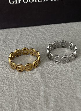 铜钱戒指钛钢不掉色钱多金色