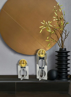 简约现代黑色金属几何支架装饰球摆件样板间客厅电视柜软装饰品